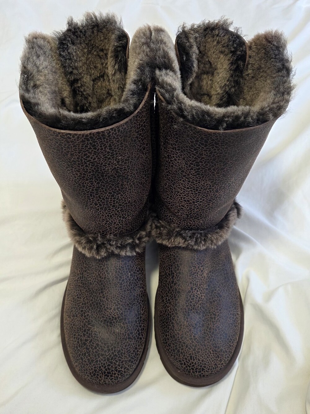 UGG Australia Skylah Bomber Leather Boots Chocolate Brown Fur Trim Size 10